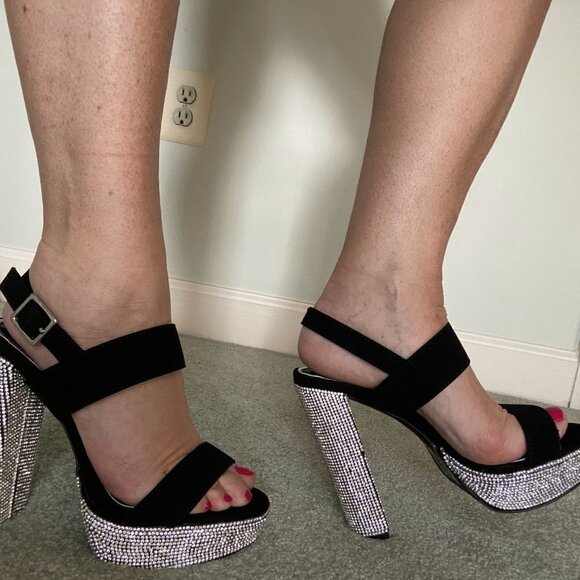 Qupid Black and Rhinestone Platform Heels - Picture 5 of 7